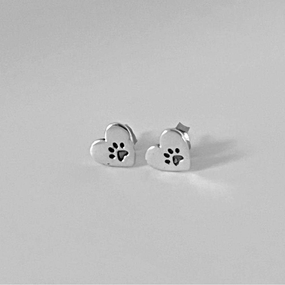 Sterling silver tiny paw and heart stud earrings, paw stud earrings, heart studs